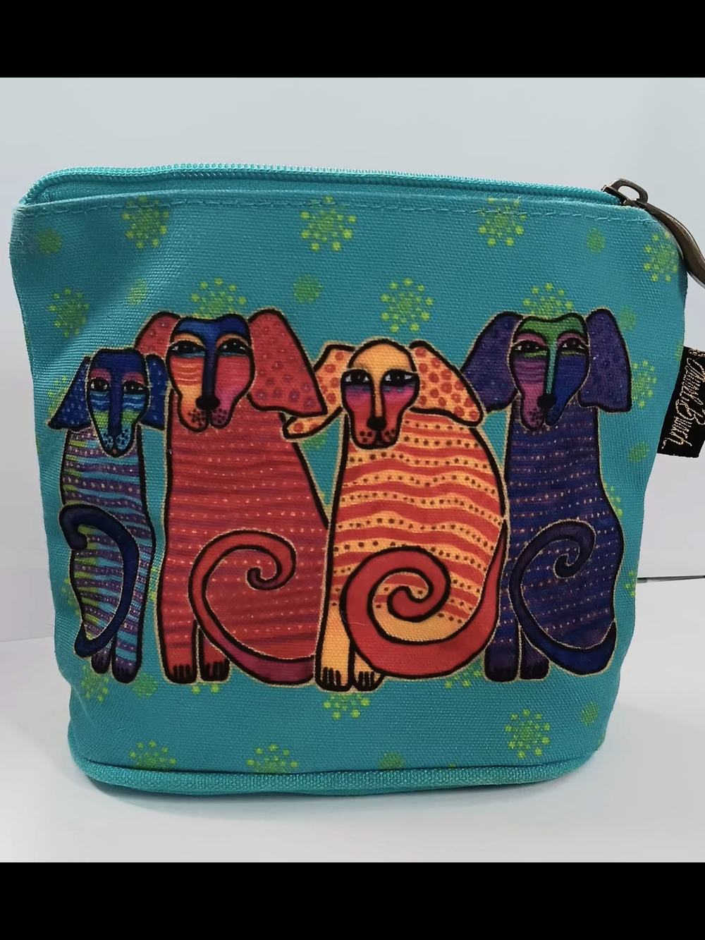 Laurel Burch Colorful Whimsical Dog Cosmetic Pouch - Teal Background